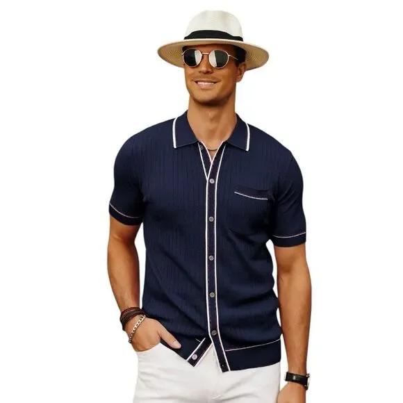 Paul Jones Knit Button Polo Shirt Navy Blue Men's Sz Large Retro Mod Travel Golf - Picture 1 of 9